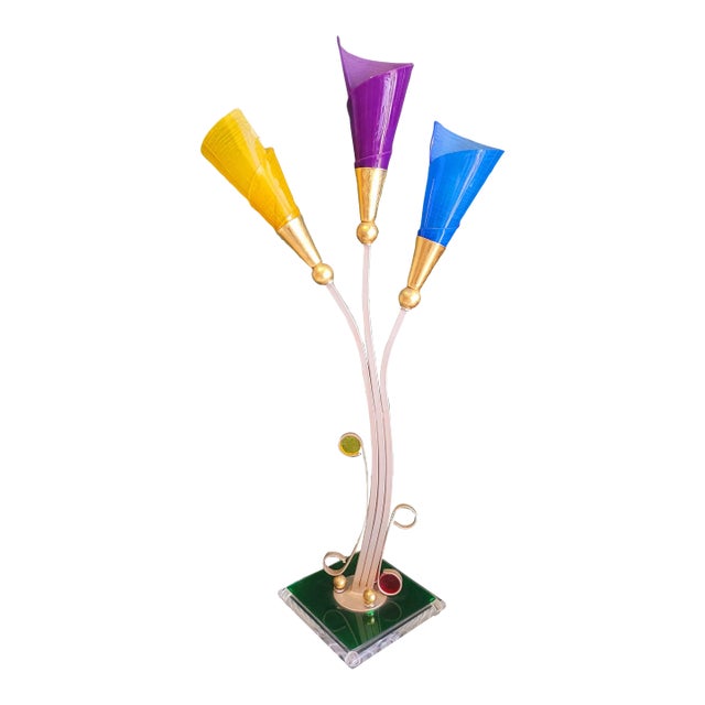 Vintage Mid Century Modern Memphis Style 3 Light Yellow Purple Blue Tulip Colored Lucite Table Lamp For Sale