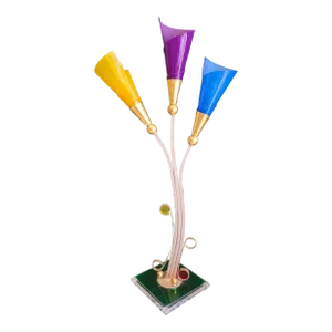 Vintage Mid Century Modern Memphis Style 3 Light Yellow Purple Blue Tulip Colored Lucite Table Lamp