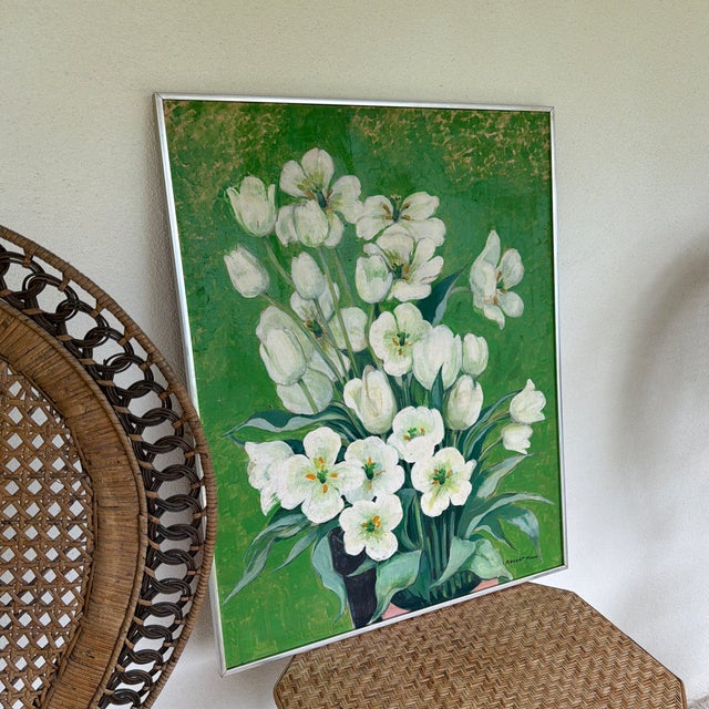 Wood Midcentury Oil on Board Floral Still Life of White Tulips For Sale - Image 7 of 12