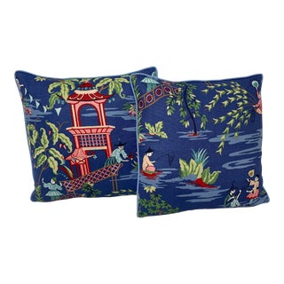 Stroheim Tian Chinoiserie in Blue Ribbon Pillows - Pair For Sale