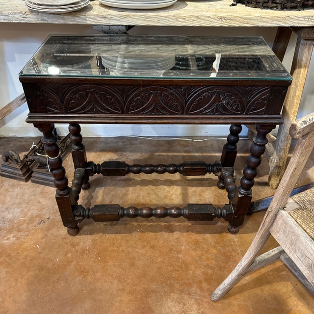 18th c. English oak stick stand made into table by adding a glass top with bobbin legs and stretcher base. 31”l x 14.5”w x...