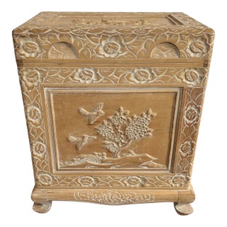 Vintage Asian Carved Storage Chest With Asian Landscape Reliefs For Sale