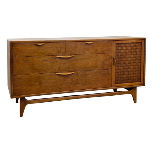 Mid-Century Modern Vintage Mid Century Modern Lane Perception Walnut Lowboy Dresser Credenza With Basketweave Door.. For Sale - Image 3 of 10