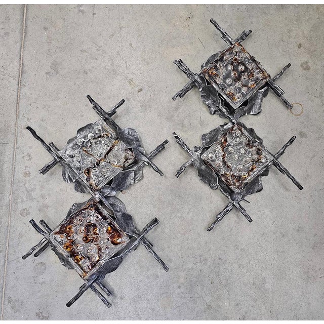 Brutalist Sconces in Wrought Iron and Murano Glass attributed to Poliarte, 1970s, Set of 2 For Sale - Image 10 of 12