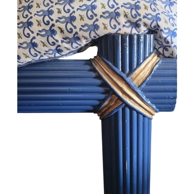 1990s Massive Custom Painted Fluted Glossy Navy Blue Gold Leaf X Corners Nautical Wall Mirror For Sale - Image 5 of 8
