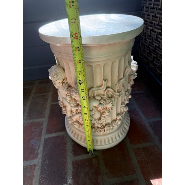 Plastic Decorative Corinthian Column in Classical Style With Cherubs Holding a Floral Swag For Sale - Image 7 of 8