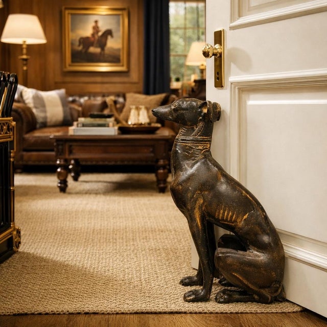 A striking blend of elegance and symbolism, this 21-inch cast metal dog statue captures the refined silhouette of a...