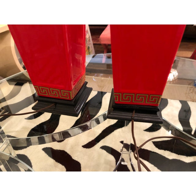 Hollywood Regency Pair Red Gold & Black Table Lamps With Greek Key -A Pair For Sale - Image 4 of 8