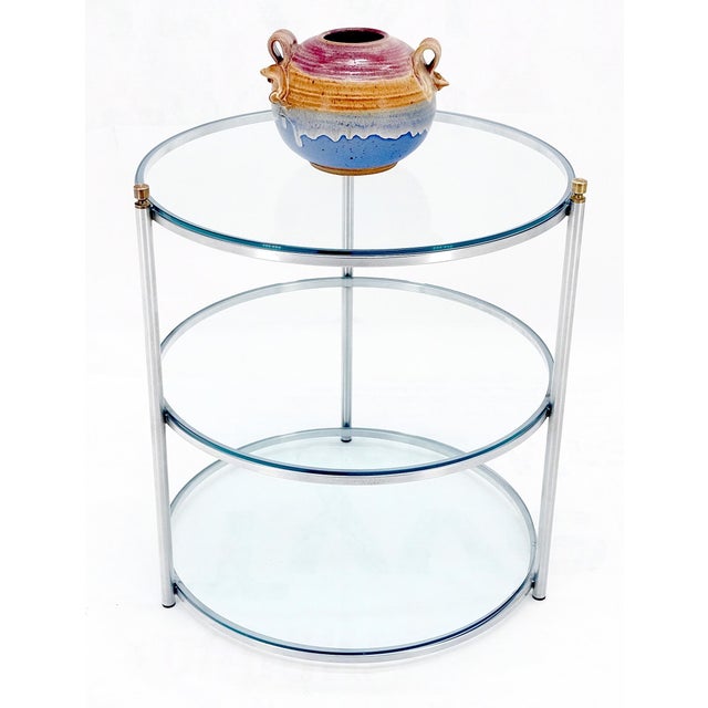 Milo Baughman Round 22' Diameter 3 Tier Glass Shelves Chrome Brass Finials Side End Table For Sale - Image 4 of 6
