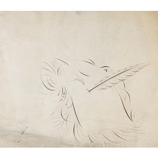 Antique Folk Art Bird Calligraphy Drawing For Sale