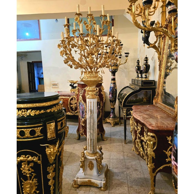 French Louis XVI Style Pedestal Candelabra With Gold Leaf Floral Details & Gilded Bronze Accents For Sale - Image 3 of 5