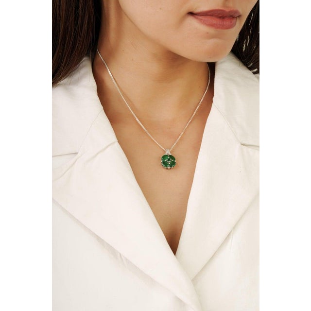 Green 3.21 Carat Emerald Floral Pendant With Diamond Pavé Bail in 925 Silver For Sale - Image 8 of 12