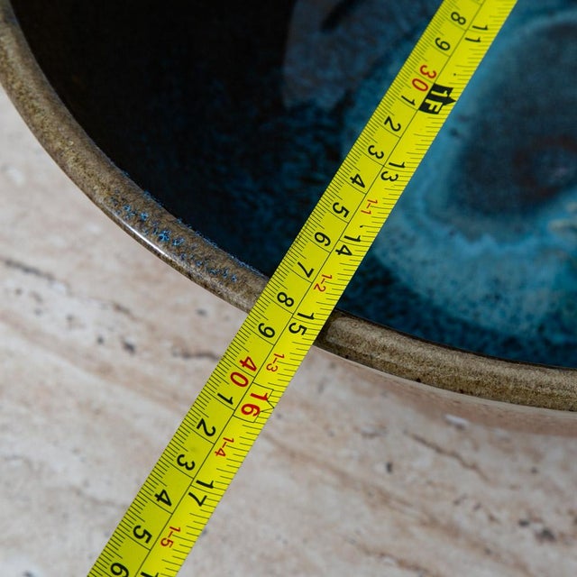 Mid Century Modern Round Bowl Studio Hand Thrown Large Blue Tan Brown Signed MCM For Sale In Sacramento - Image 6 of 8