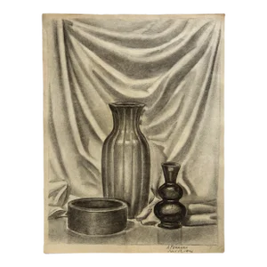 Anthony Ferrara (1930-2012) - Realist Interior Still Life, Signed (1946, Charcoal on Paper)
