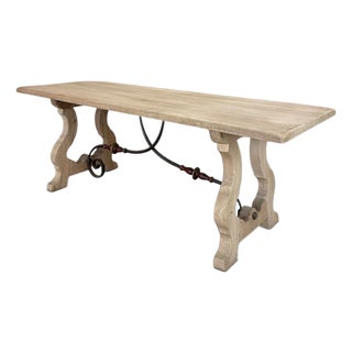 Vintage Spanish Dining Table With Wrought Iron in Solid Stripped Oak For Sale
