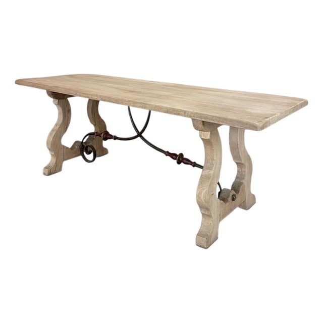 Vintage Spanish Dining Table With Wrought Iron in Solid Stripped Oak For Sale