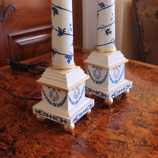 Late 20th Century Pair of Neoclassical Painted Lamps, Cream With Blue Designs For Sale - Image 5 of 18