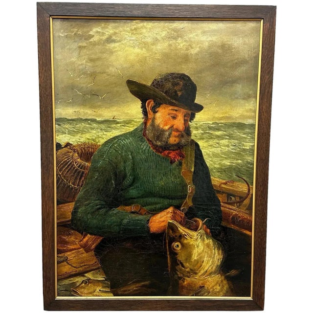 British Newlyn 19th Century Nautical Painting of a Cornish Sea Fisherman Releasing Catch For Sale - Image 13 of 13