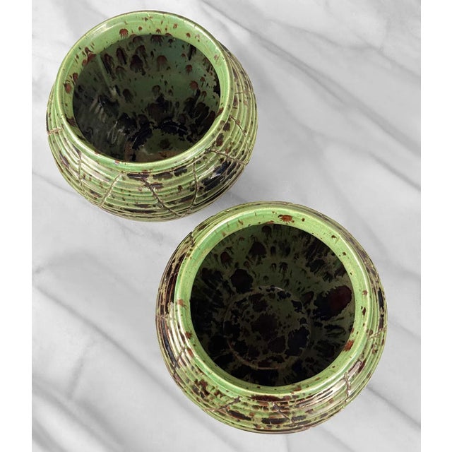 Mid-Century 7" Atomic Green & Black Studio Pottery Vases - A Pair For Sale - Image 6 of 7