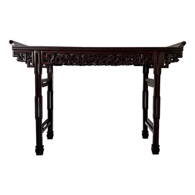 Vintage Chinese Rosewood Altar Console Table – Scroll Top With Hand-Carved Dragon Apron For Sale