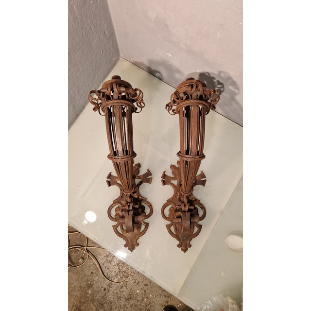 Large Wrought Iron Wall Lamps with Floral Motifs, 1920s, Set of 2 For Sale - Image 3 of 12