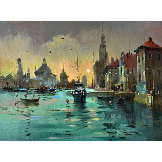 Oil Painting Ships Are Sailing to the Venice Pier Yuriy Suprunchuk For Sale
