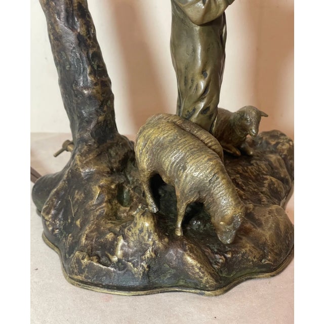 Antique Bronze Figural Sheep Herder Tree Carved Electric Table Lamp Sculpture For Sale - Image 15 of 18