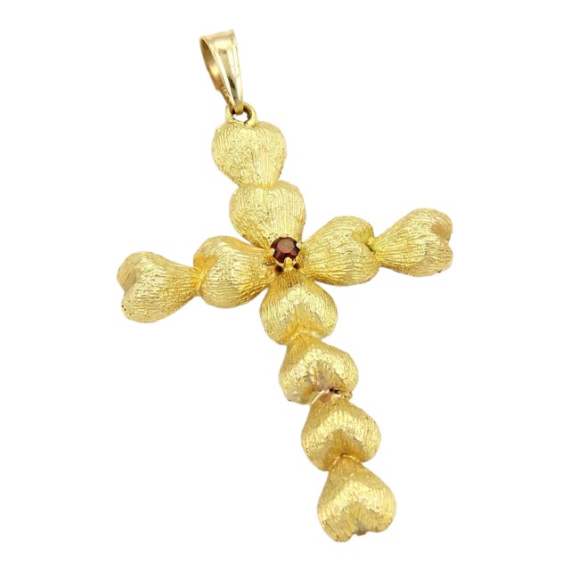 Garnet Textured 18k Gold & Heart Cross W/14k Bail Charm Pendant For Sale
