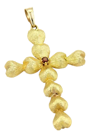Garnet Textured 18k Gold & Heart Cross W/14k Bail Charm Pendant