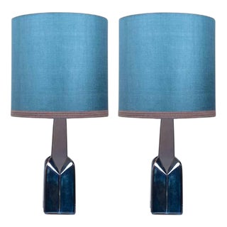 Lamps with New Silk Blue Lampshade by René Houben for Soholm, 1960s, Set of 2 For Sale