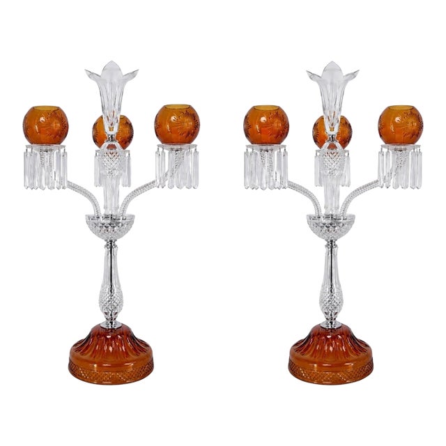 Saint Louis "Maharadja" Amber & Clear Crystal Candelabra For Sale