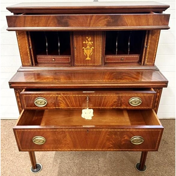 Mid 20th Century Beautiful Inlaid Mahogany and Flame Mahogany Tambour Desk For Sale In Boston - Image 6 of 13