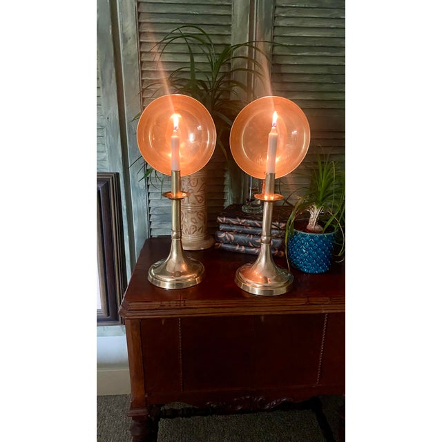 1960s Sarreid Mid-Century Modern Brass Candle Holders With Concave Reflectors a Pair For Sale - Image 16 of 16