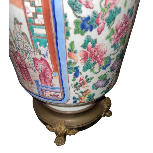 19th Century Chinese Famille Rose Porcelain & Bronze Table Lamp For Sale In Los Angeles - Image 6 of 8