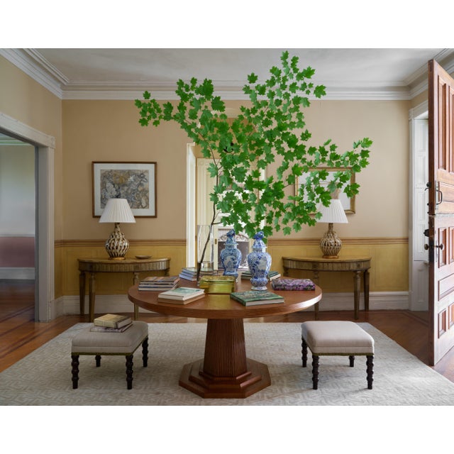 Bunny Williams Home Bunny Williams Home Navy Tape Stool in Cream Performance Linen with Antique Brass Nailheads and Mahogany Legs For Sale - Image 4 of 5