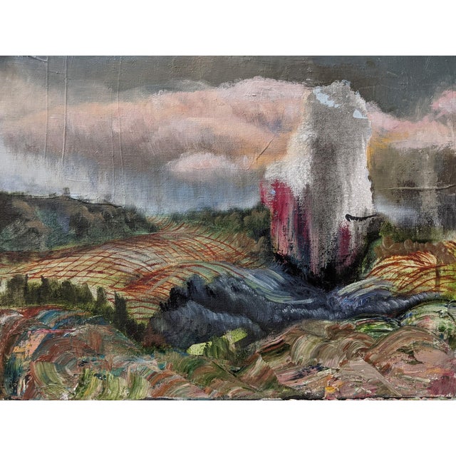 The painting depicts a serene landscape viewed from a shed, where rolling hills and fields stretch into the distance under...