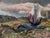The painting depicts a serene landscape viewed from a shed, where rolling hills and fields stretch into the distance under...
