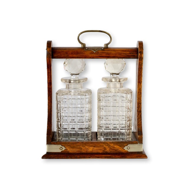 Early 20th Century Antique English Oak & Cut Glass Tantalus Set For Sale - Image 5 of 9