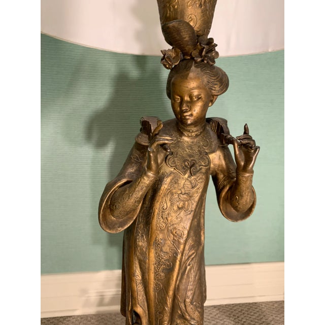 Vintage Figural Brass Lamp With Drum Shade For Sale - Image 11 of 12