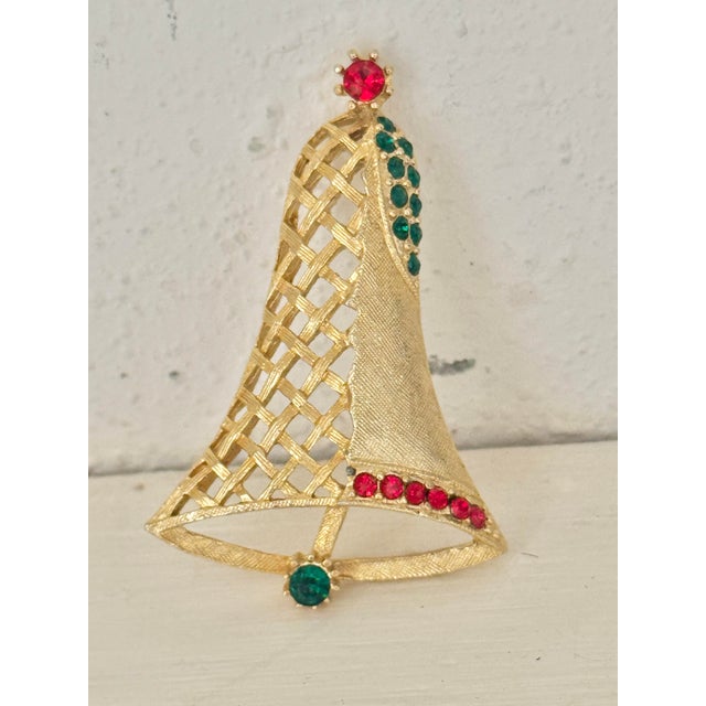 Metal Vintage Rhinestone Christmas Bell Brooch For Sale - Image 7 of 8