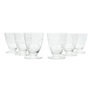 1950s Vintage 6 Etched Flower Optic Juice or Cocktail Liquor Glasses