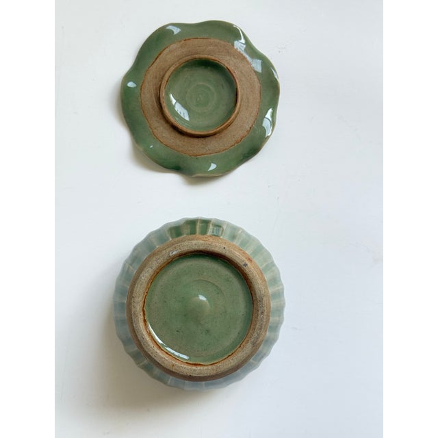 Ceramic Modern Longquan-Style Celadon Glazed Covered Jar With Lotus Lid For Sale - Image 7 of 8