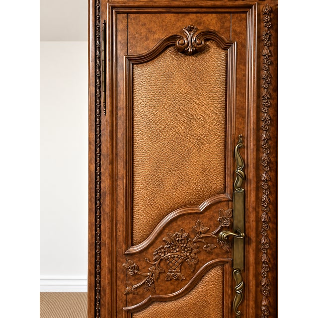 Late 20th Century Monumental Carved Wood Home Bar Armoire With Mirrored Interior, Wine Storage & Mini Fridge For Sale - Image 5 of 14