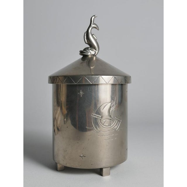 Metal Swedish Pewter Lidded Jar with Sculptural Fish Finial and Ship Engraving, 1928 For Sale - Image 7 of 18