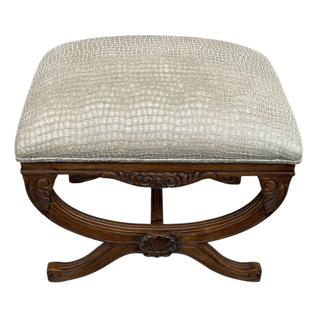 Late 20th Century Renaissance Style Bench With Curule Leg and Alligator Texture Seat For Sale