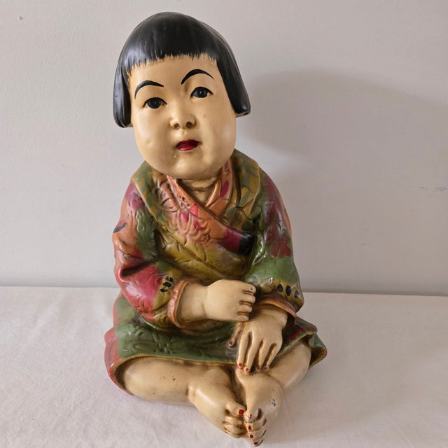 Vintage Chalkware Asian Sitting Child Chubby Cheeks Kimono Designer Repros LA Signed RK? Approximate Measurements: 15" x...