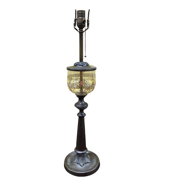 Fantastic Antique Art-Deco Hand Decorated Glass & Metal Table Lamp, C1930s For Sale