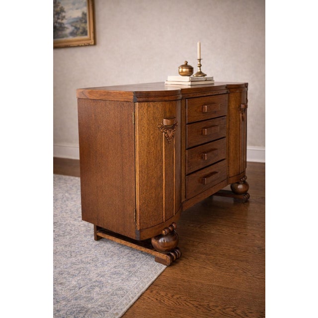 Late 19th Century Antique Solid Oak Sideboard Cabinet With Carved Gallery Rail & Original Wood Pulls For Sale - Image 5 of 12