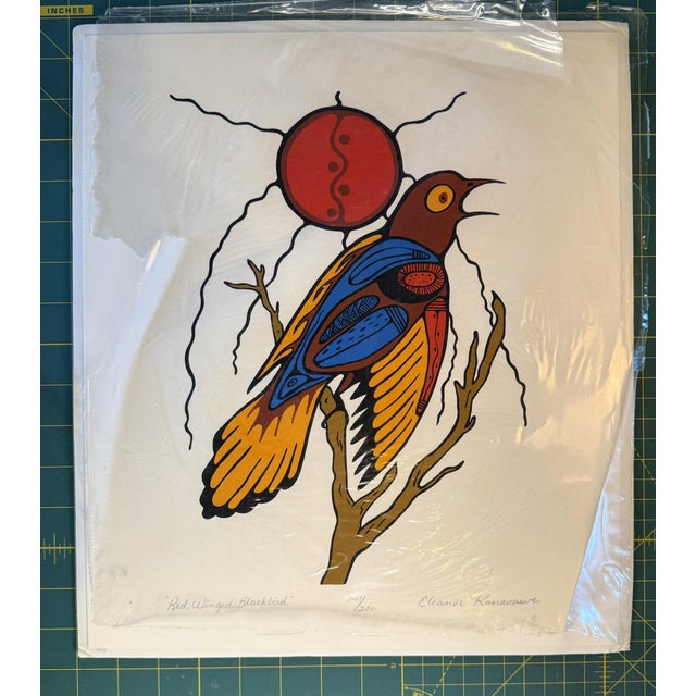 Native American "Red Winged Blackbird"- 1970s Eleanor Kanasawe Signed Art Print For Sale - Image 3 of 5