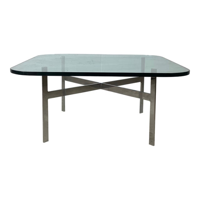 Mid-Century Glass Coffee Table With Sculptural Chrome X Base For Sale
